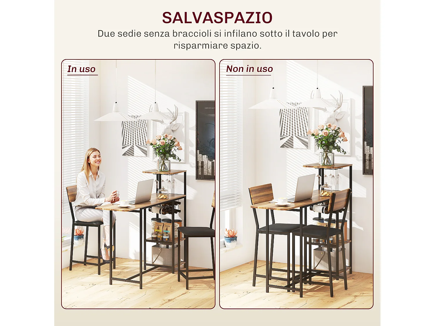 Set bancone bar pieghevole e 2 sgabelli con portavini e portacalici