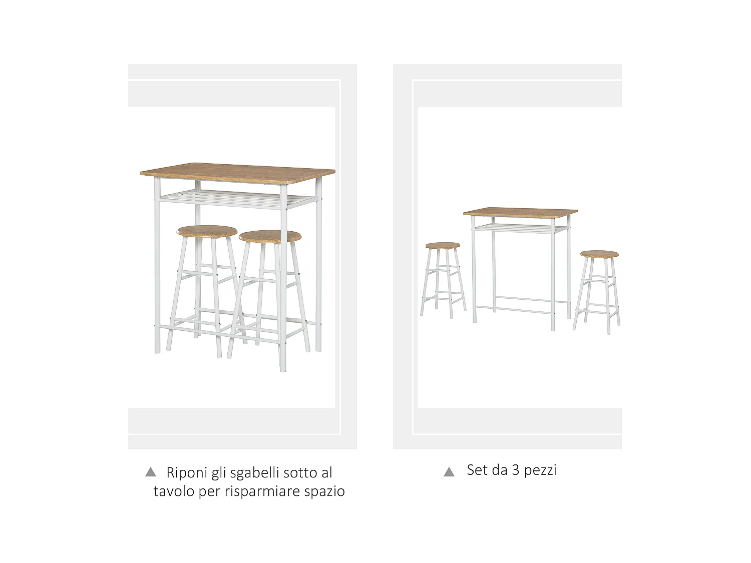 Set bancone e 2 sgabelli da bar con poggiapiedi stile nordico