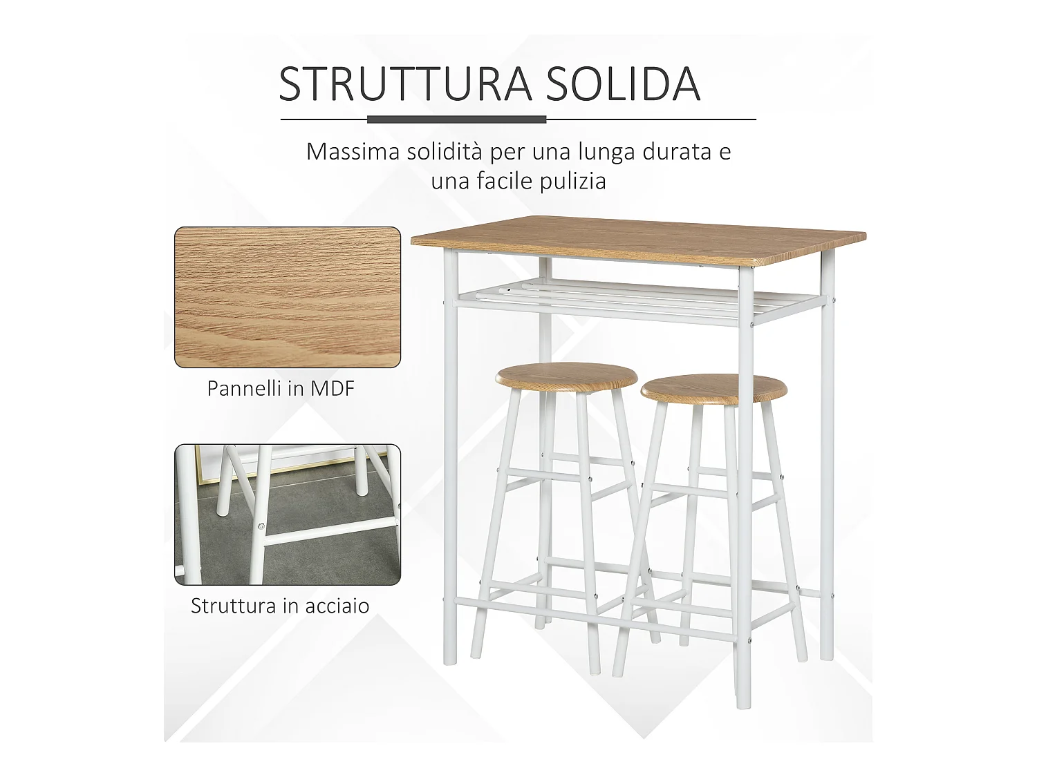 Set bancone e 2 sgabelli da bar con poggiapiedi stile nordico