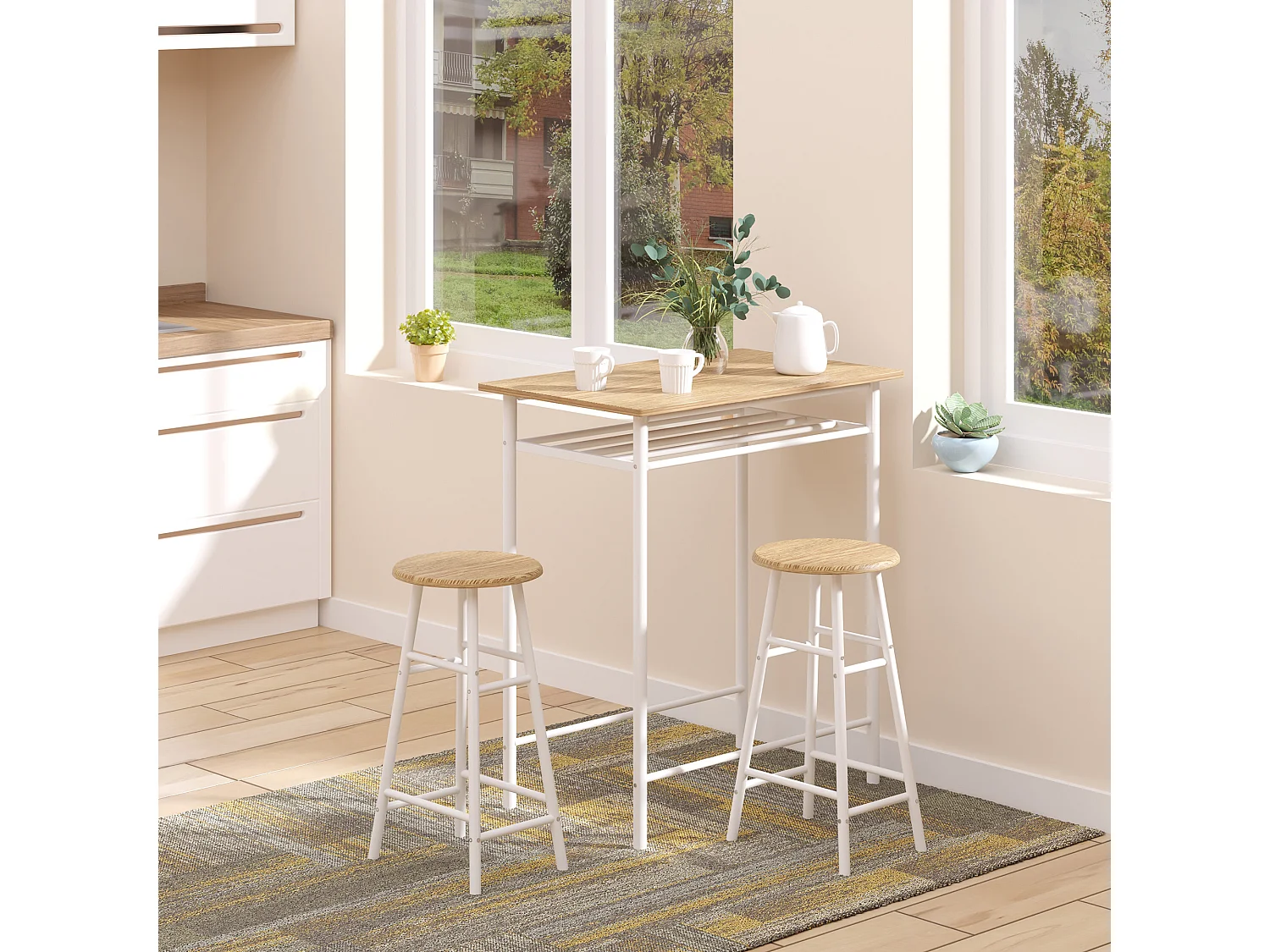 Set bancone e 2 sgabelli da bar con poggiapiedi stile nordico