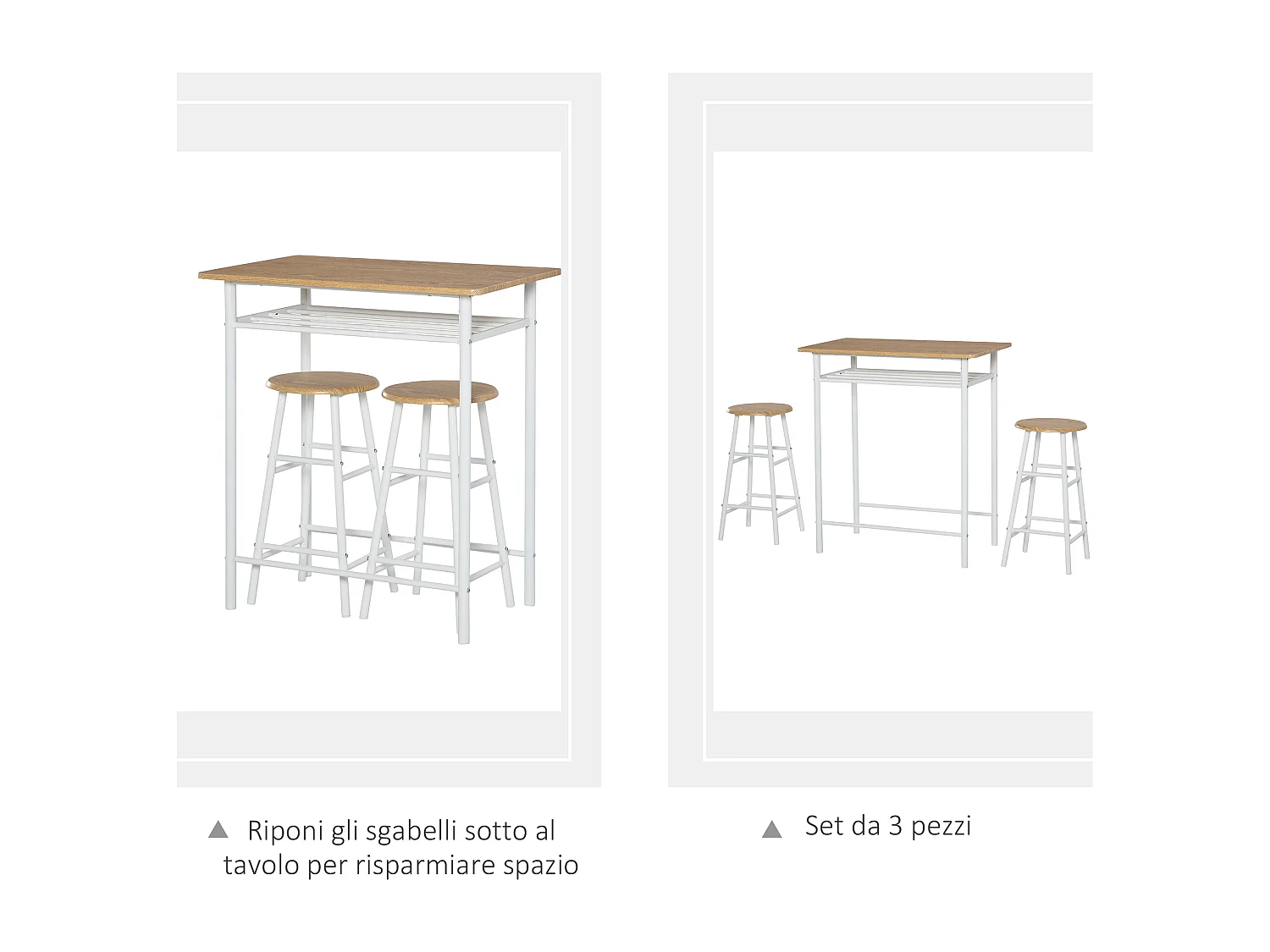 Set bancone e 2 sgabelli da bar con poggiapiedi stile nordico