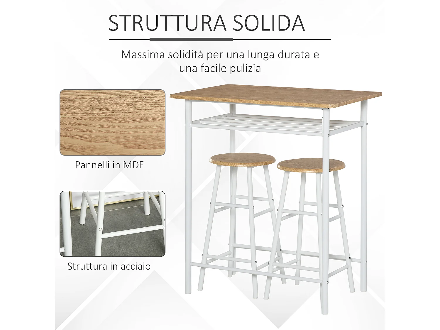 Set bancone e 2 sgabelli da bar con poggiapiedi stile nordico