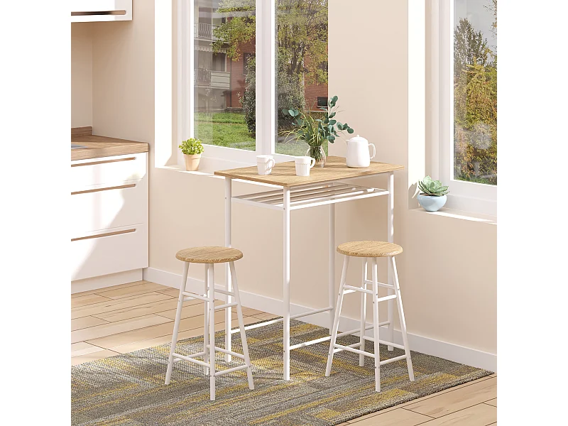 Set bancone e 2 sgabelli da bar con poggiapiedi stile nordico