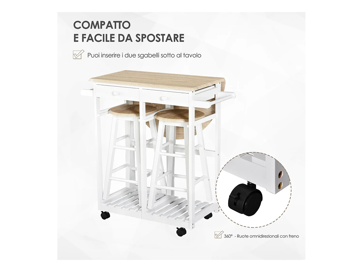 Carrello da cucina pieghevole e salvaspazio legno mdf bianco