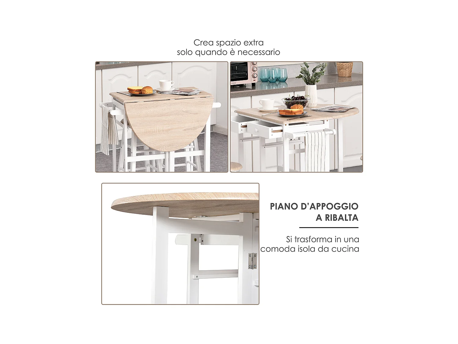 Carrello da cucina pieghevole e salvaspazio legno mdf bianco