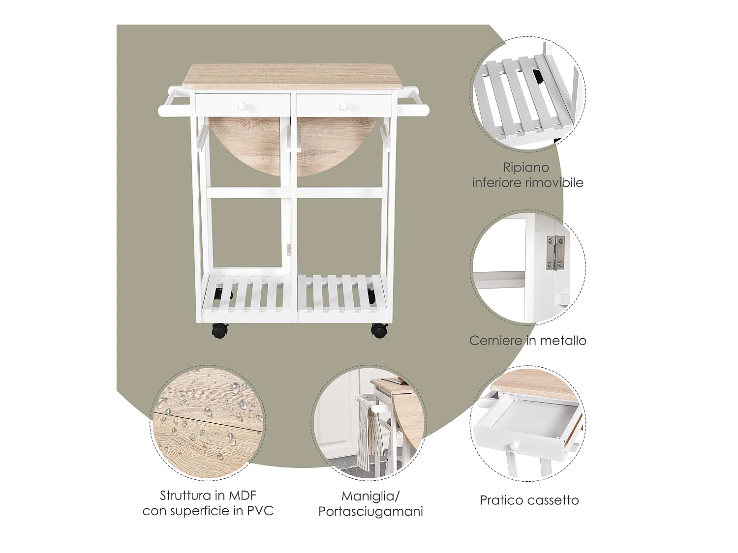Carrello da cucina pieghevole e salvaspazio legno mdf bianco