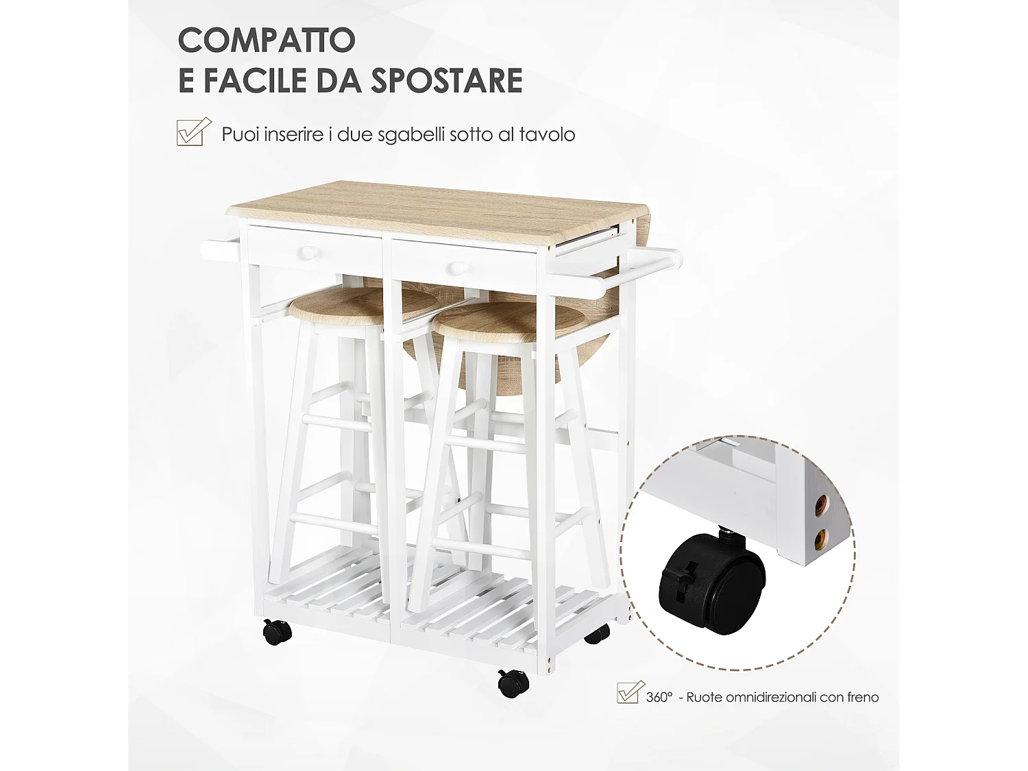 Carrello da cucina pieghevole e salvaspazio legno mdf bianco