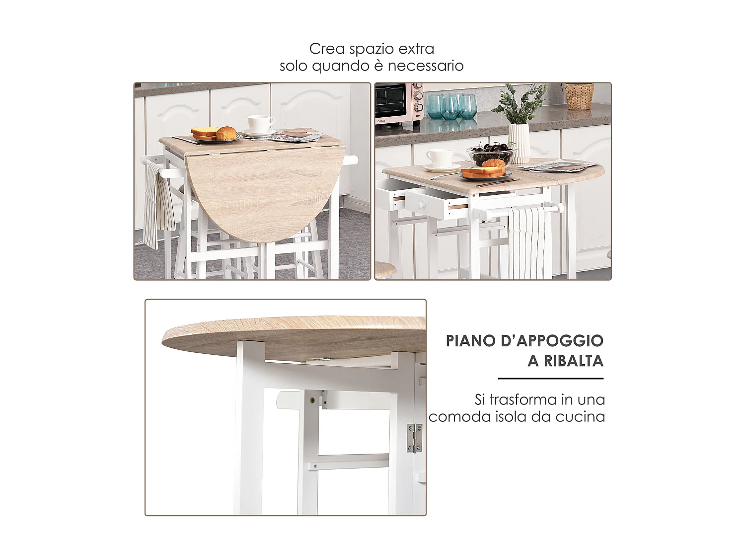 Carrello da cucina pieghevole e salvaspazio legno mdf bianco