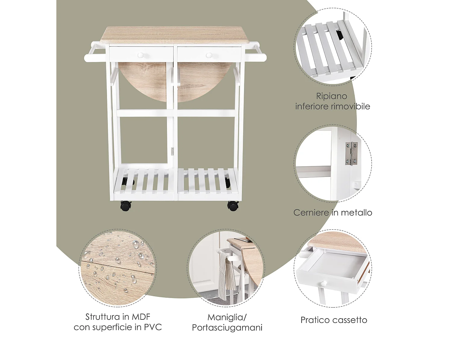 Carrello da cucina pieghevole e salvaspazio legno mdf bianco
