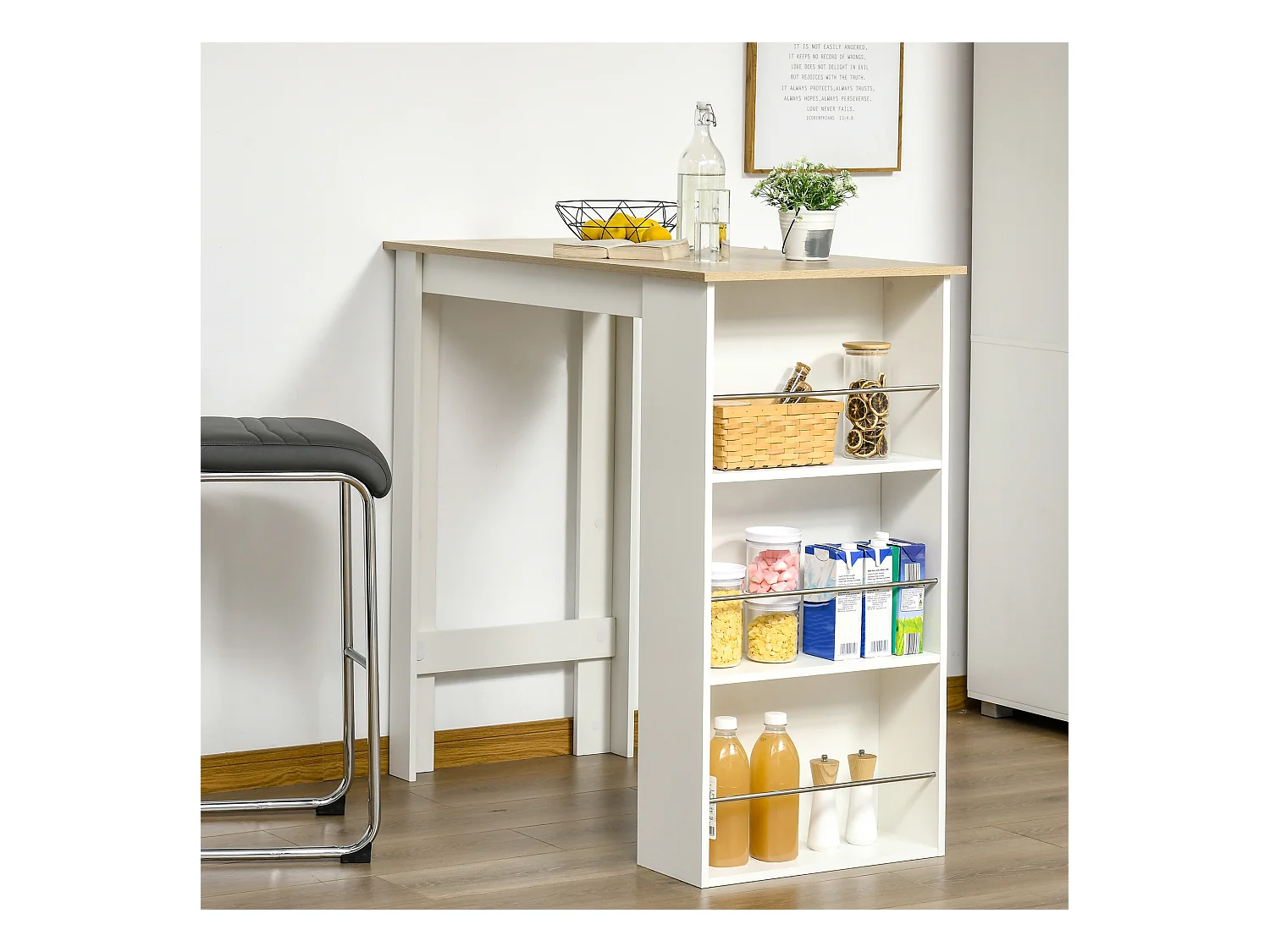 Tavolo da bar con 3 mensole e barre in acciaio e truciolato bianco