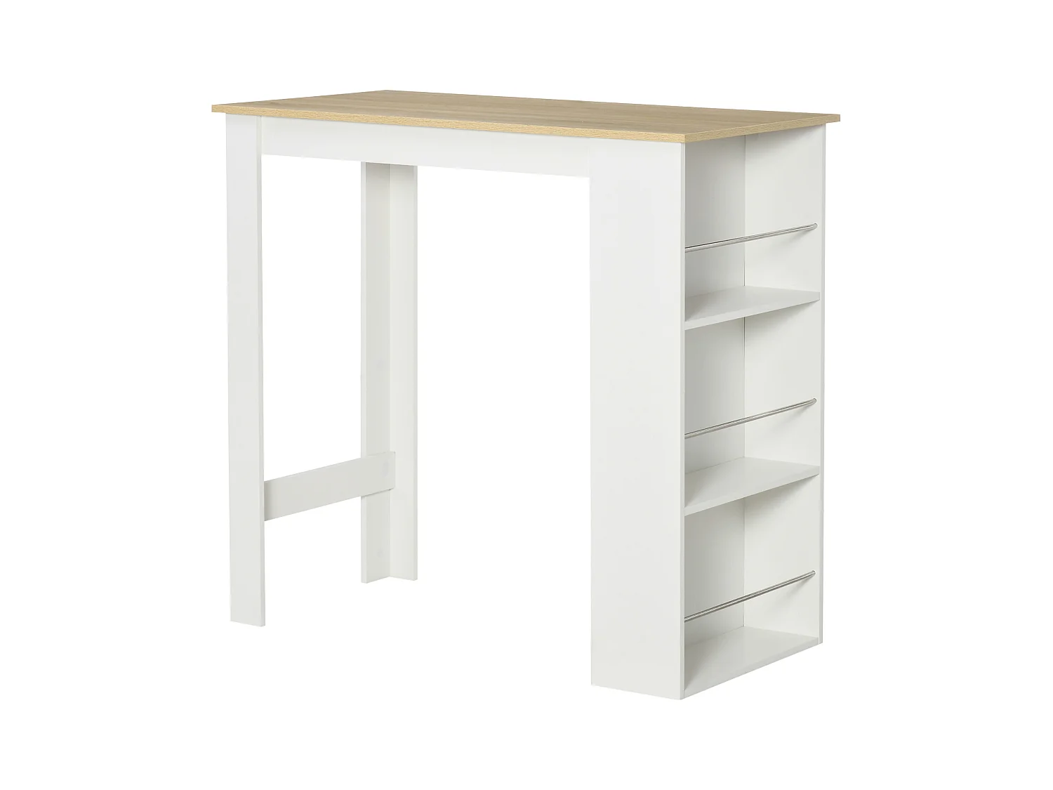 Tavolo da bar con 3 mensole e barre in acciaio e truciolato bianco