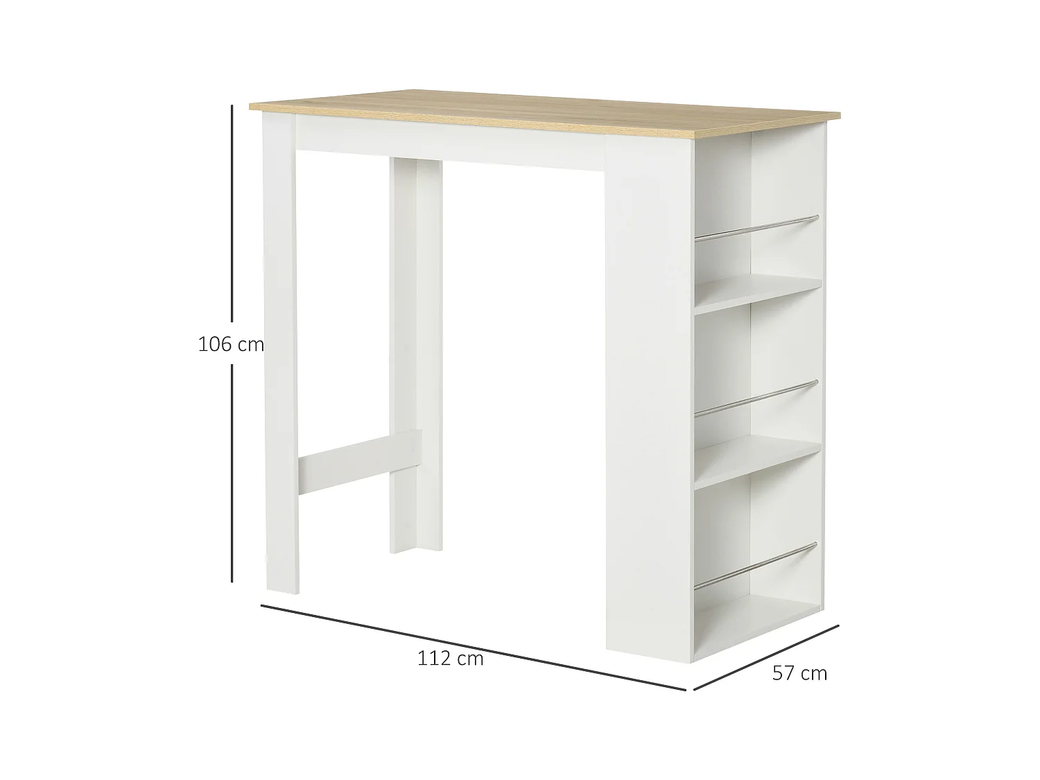 Tavolo da bar con 3 mensole e barre in acciaio e truciolato bianco