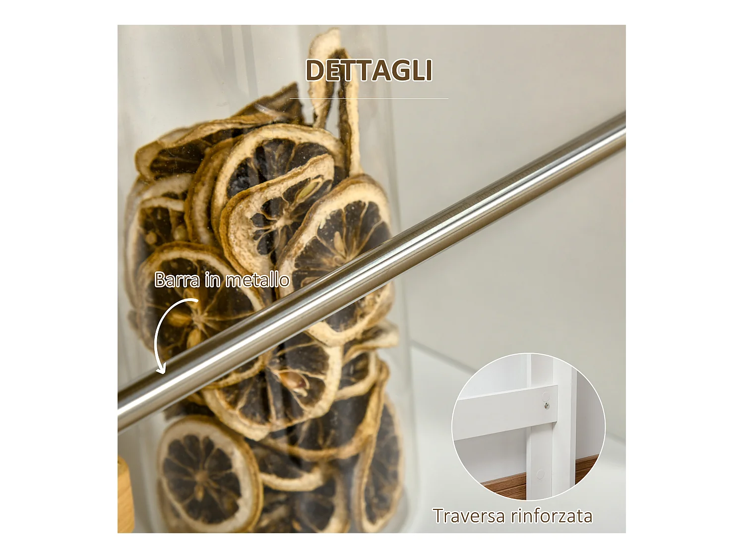 Tavolo da bar con 3 mensole e barre in acciaio e truciolato bianco