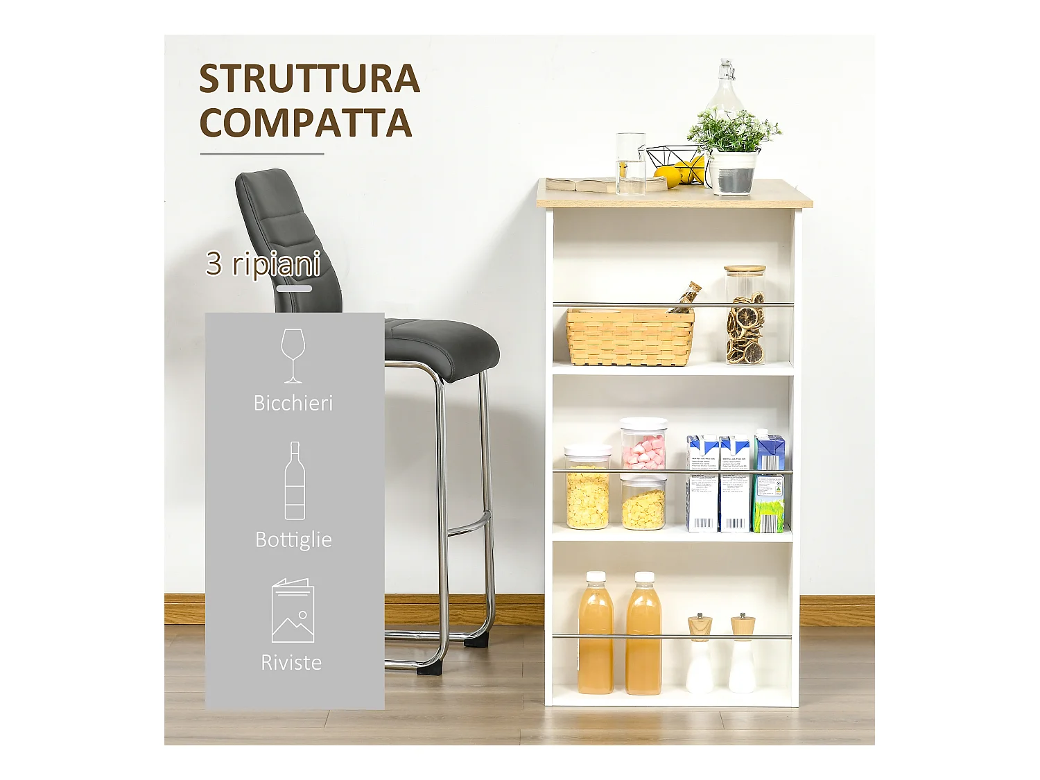 Tavolo da bar con 3 mensole e barre in acciaio e truciolato bianco