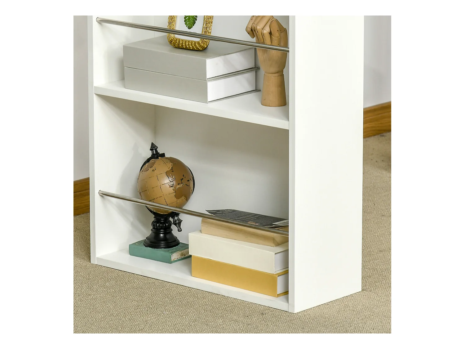 Tavolo da bar con 3 mensole e barre in acciaio e truciolato bianco