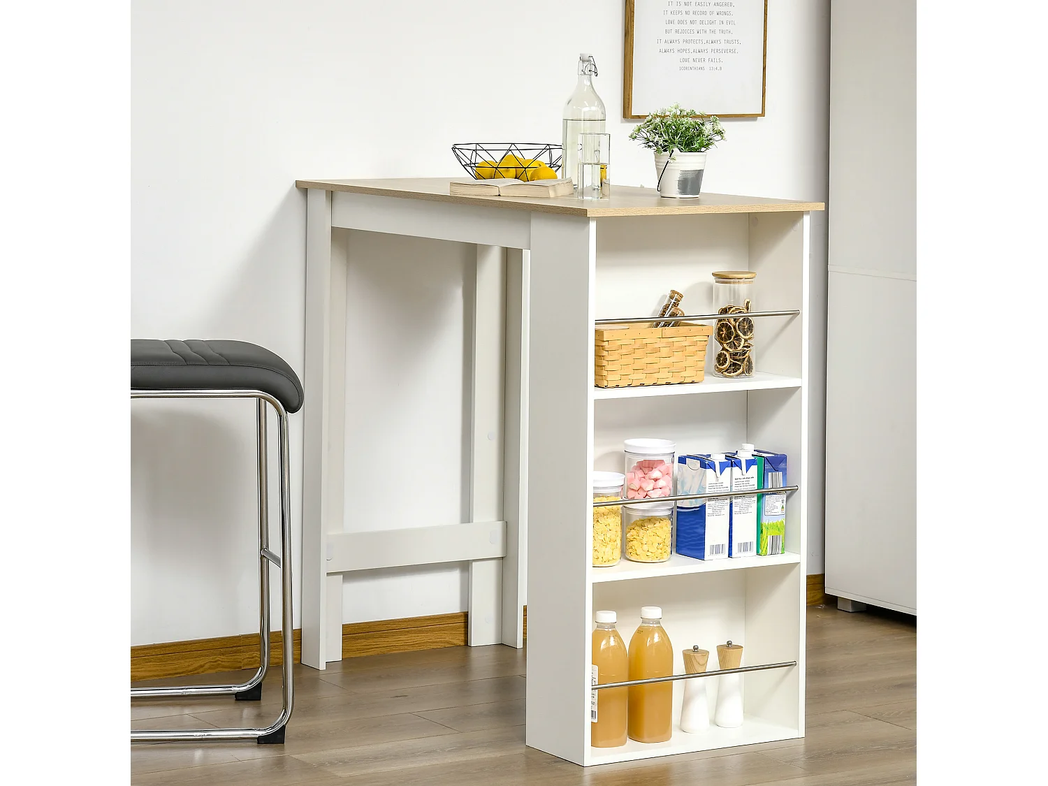 Tavolo da bar con 3 mensole e barre in acciaio e truciolato bianco