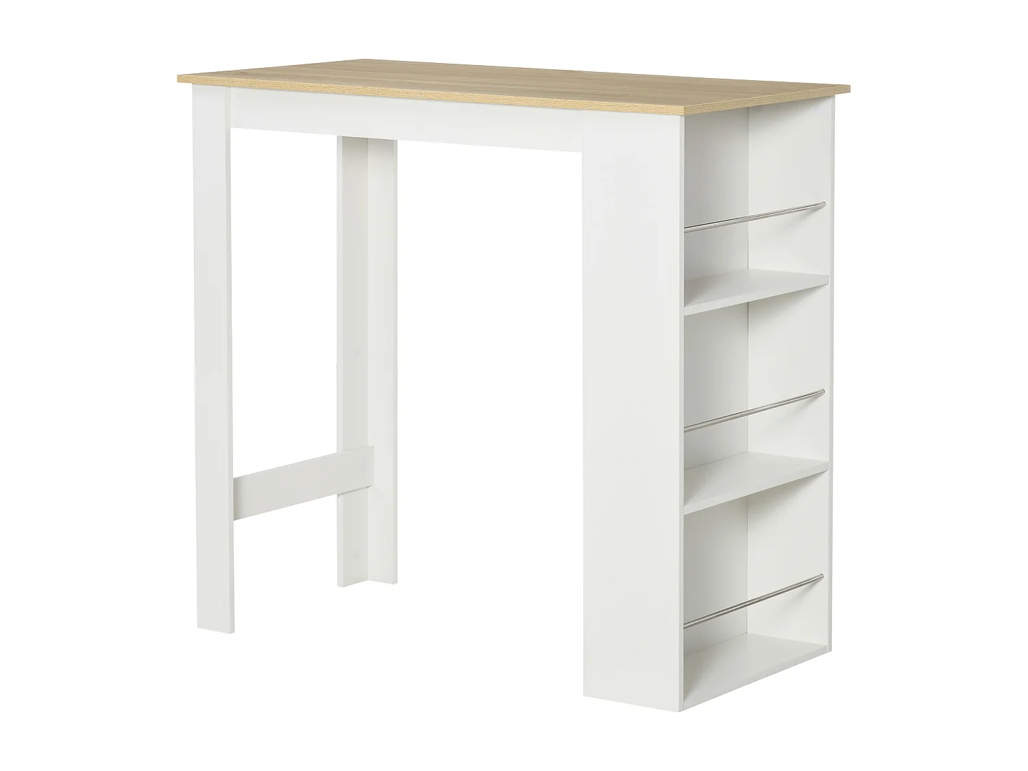 Tavolo da bar con 3 mensole e barre in acciaio e truciolato bianco