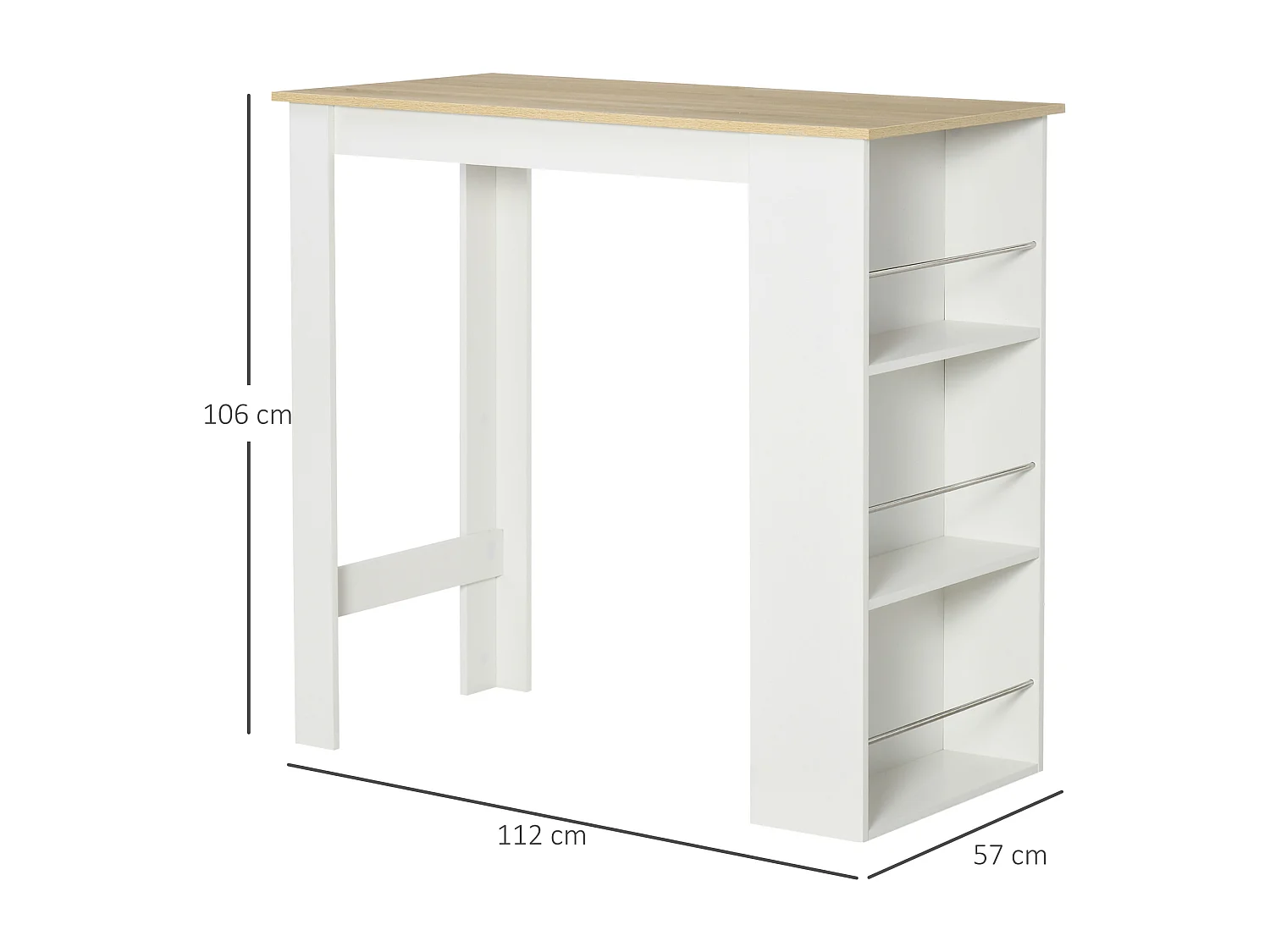 Tavolo da bar con 3 mensole e barre in acciaio e truciolato bianco