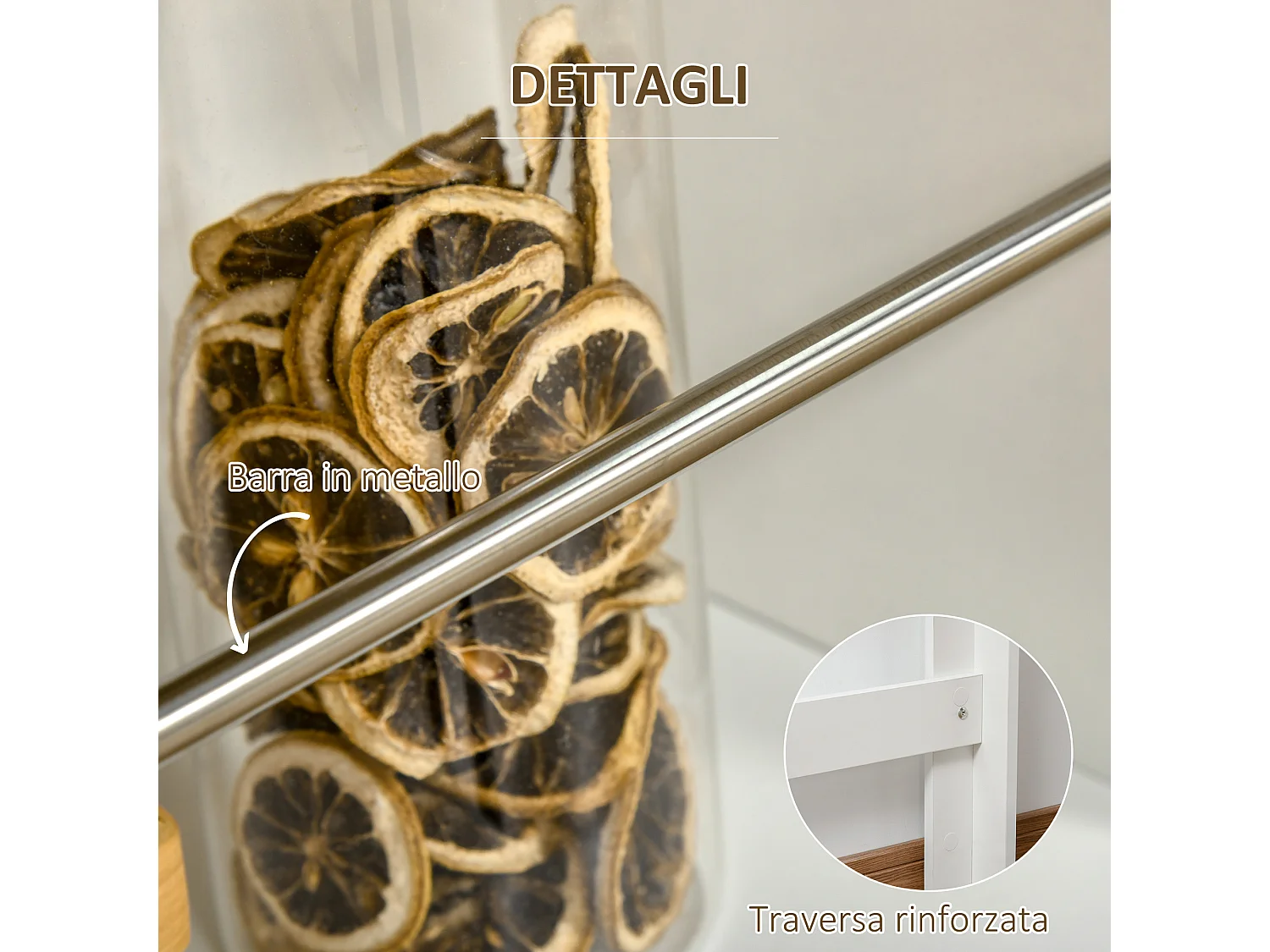 Tavolo da bar con 3 mensole e barre in acciaio e truciolato bianco