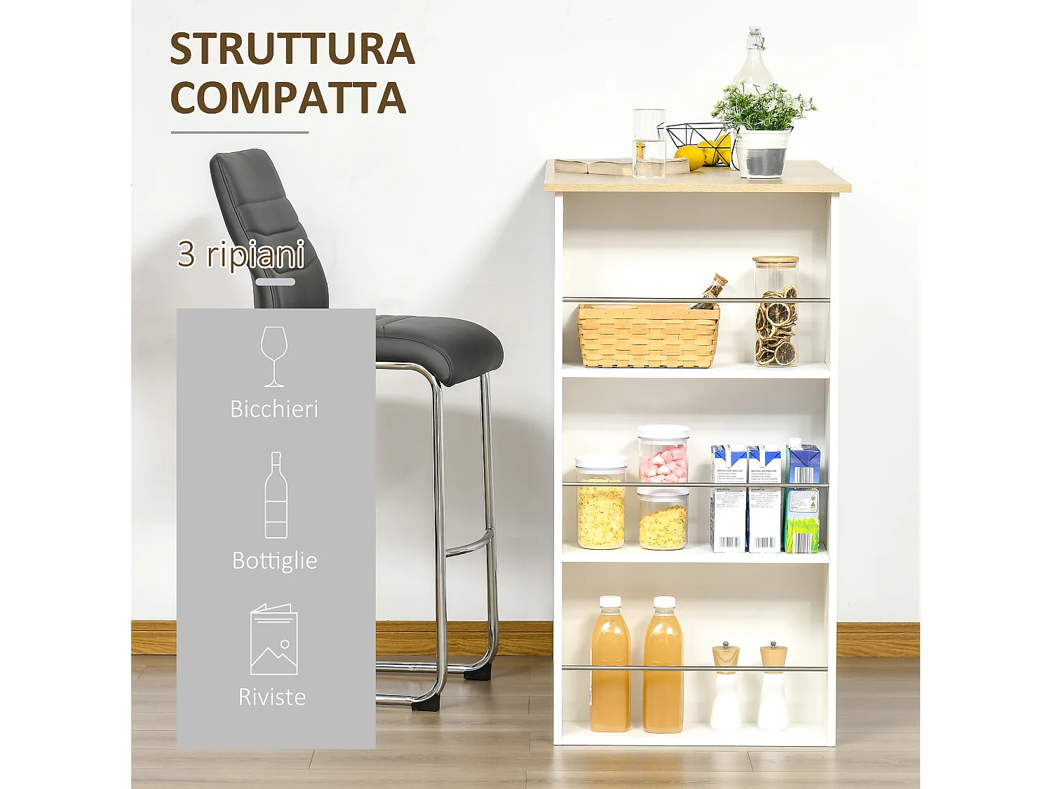 Tavolo da bar con 3 mensole e barre in acciaio e truciolato bianco