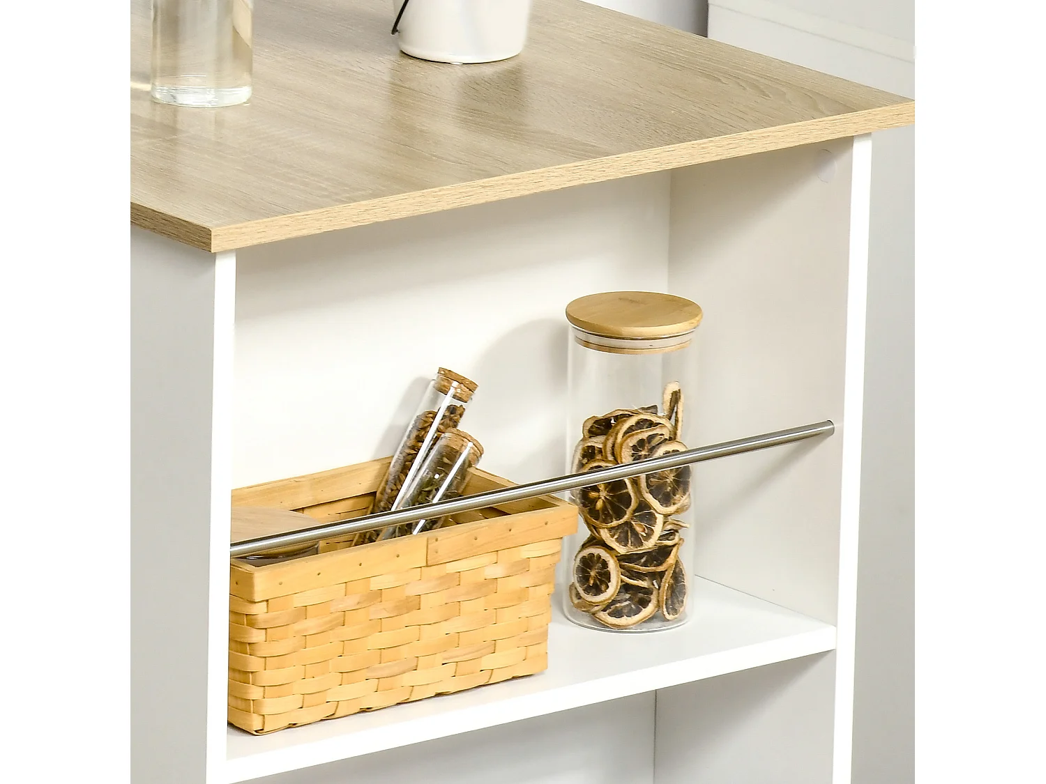 Tavolo da bar con 3 mensole e barre in acciaio e truciolato bianco