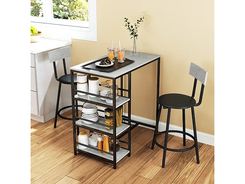 Set 3 pezzi con bancone bar con ripiani e 2 sedie alte grigio chiaro