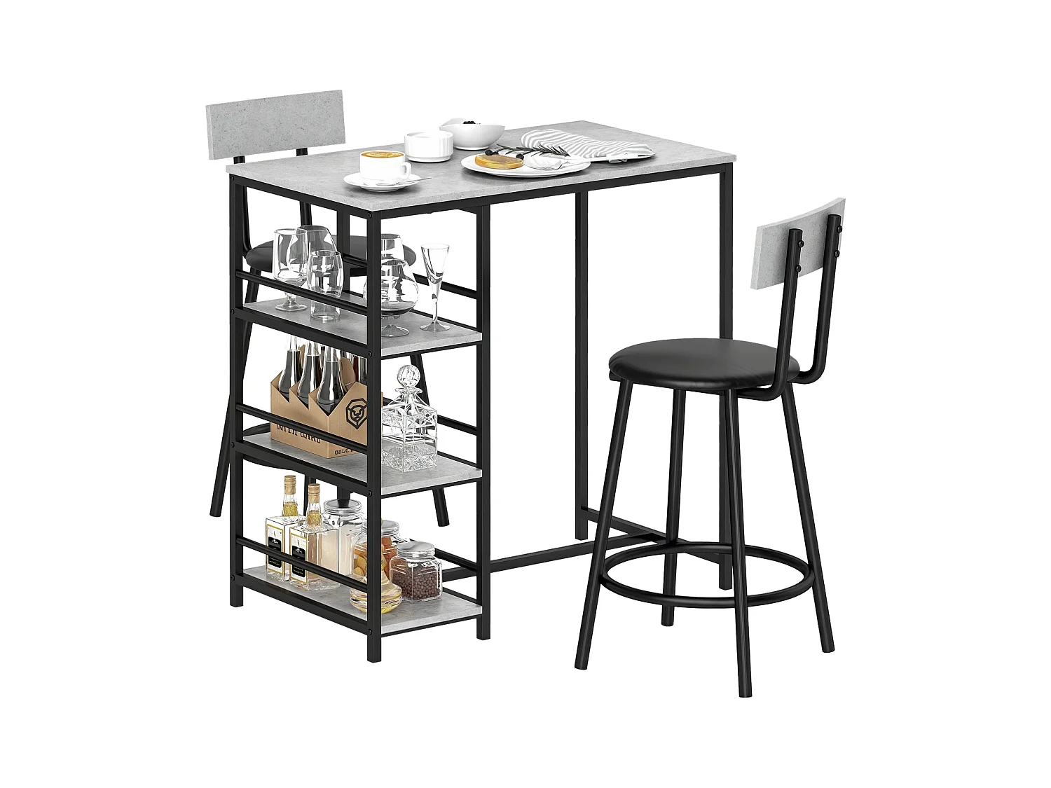 Set 3 pezzi con bancone bar con ripiani e 2 sedie alte grigio chiaro