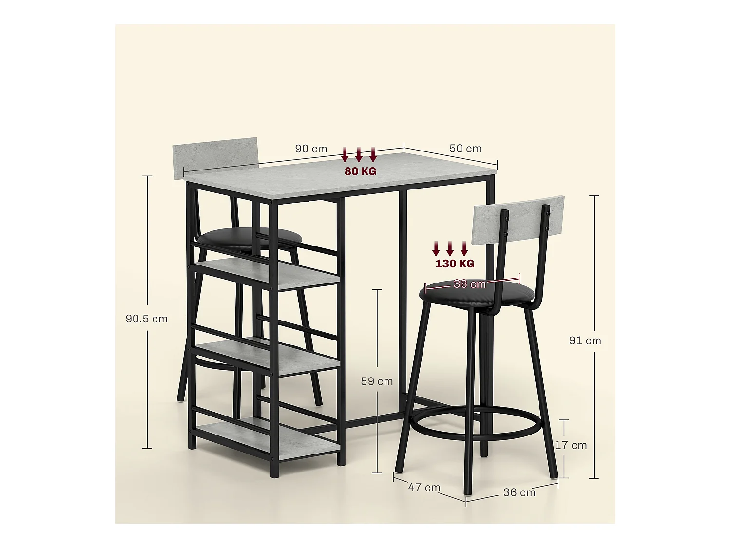 Set 3 pezzi con bancone bar con ripiani e 2 sedie alte grigio chiaro