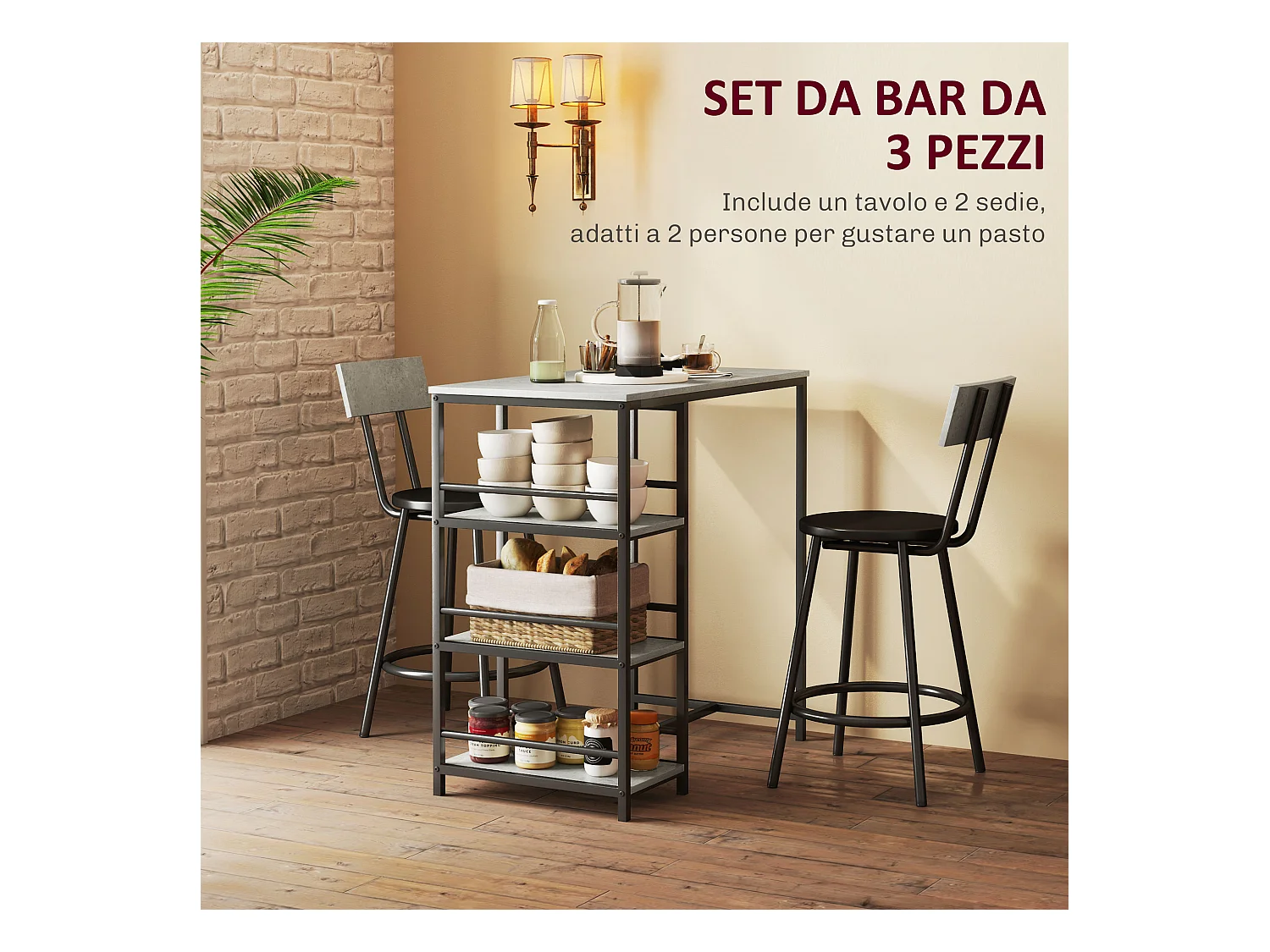 Set 3 pezzi con bancone bar con ripiani e 2 sedie alte grigio chiaro