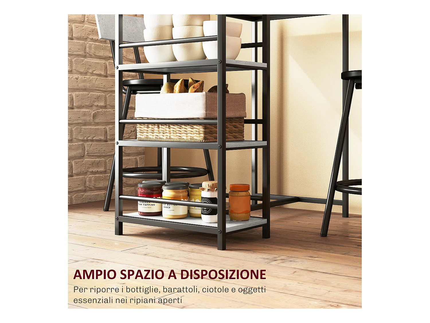 Set 3 pezzi con bancone bar con ripiani e 2 sedie alte grigio chiaro