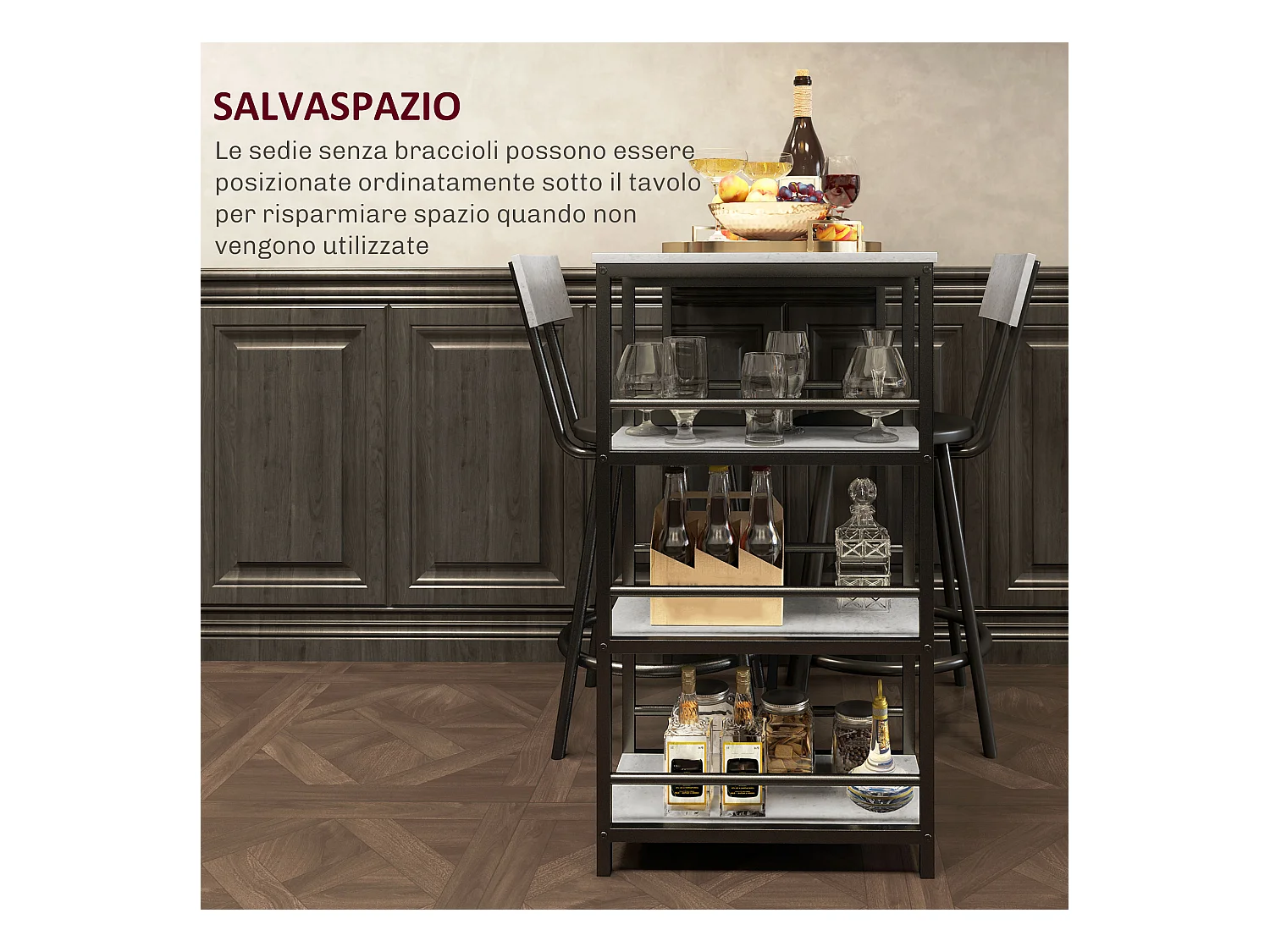 Set 3 pezzi con bancone bar con ripiani e 2 sedie alte grigio chiaro