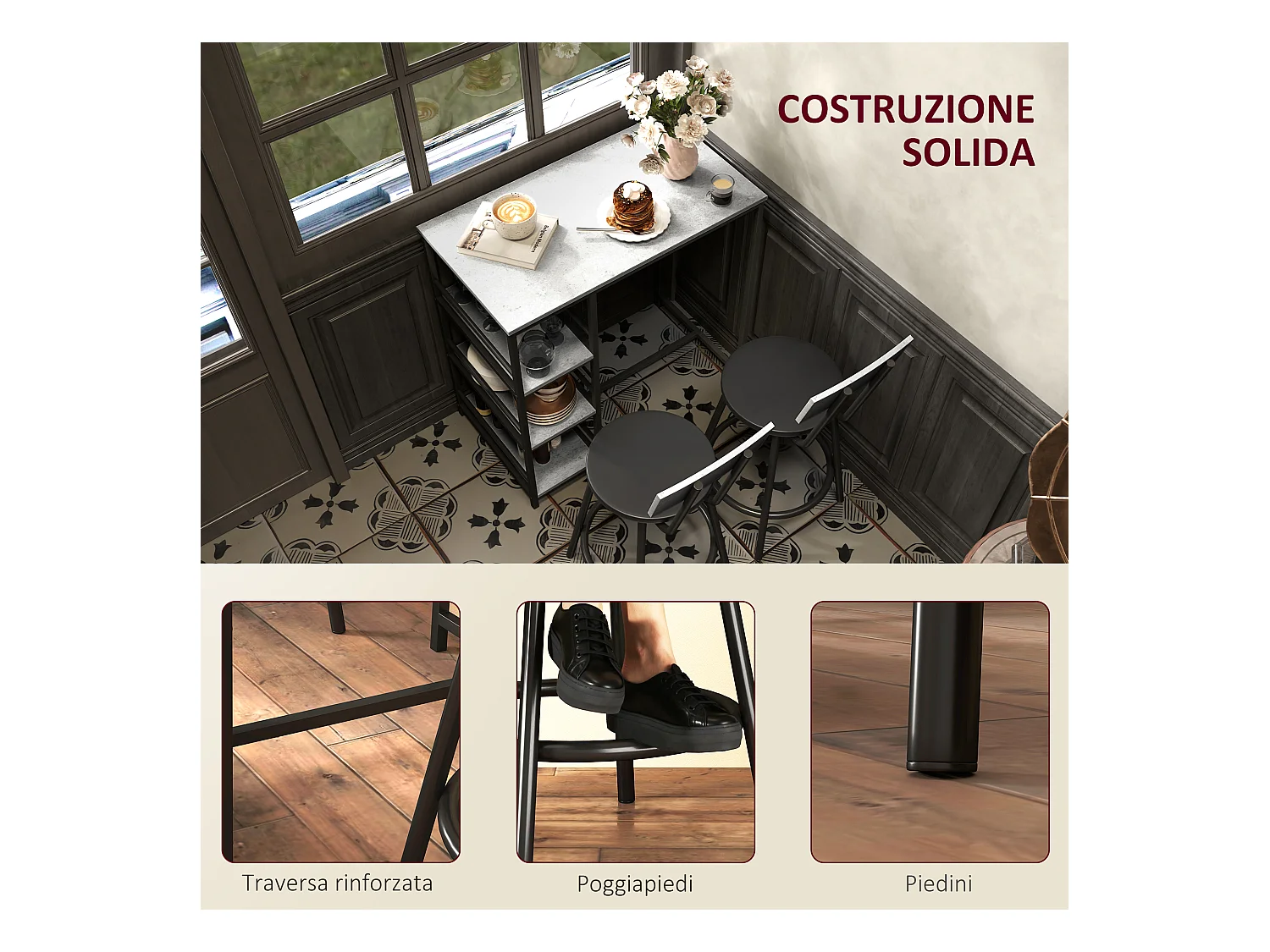 Set 3 pezzi con bancone bar con ripiani e 2 sedie alte grigio chiaro