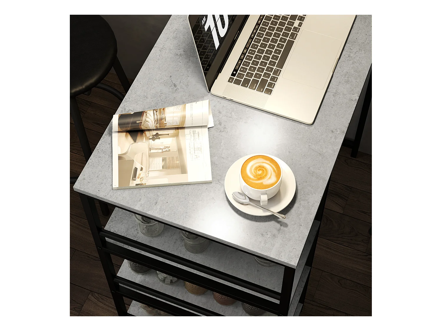 Set 3 pezzi con bancone bar con ripiani e 2 sedie alte grigio chiaro