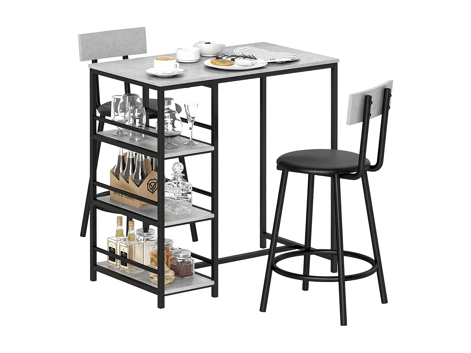 Set 3 pezzi con bancone bar con ripiani e 2 sedie alte grigio chiaro