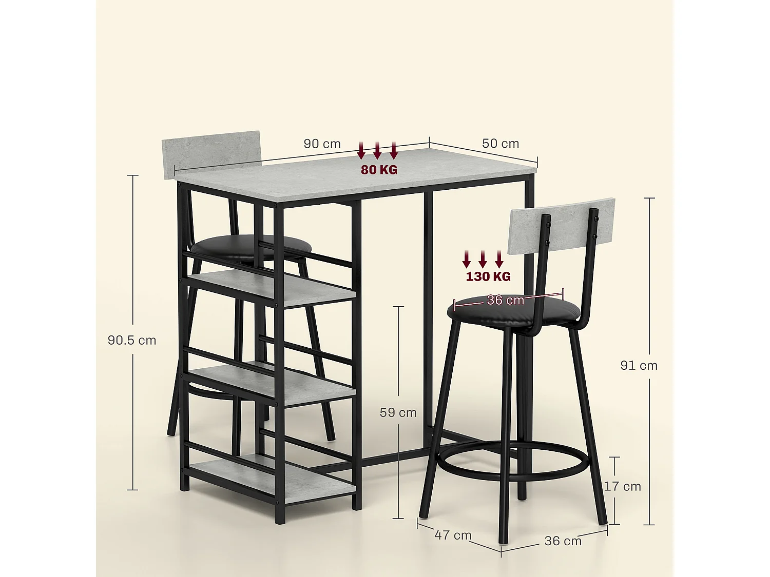 Set 3 pezzi con bancone bar con ripiani e 2 sedie alte grigio chiaro