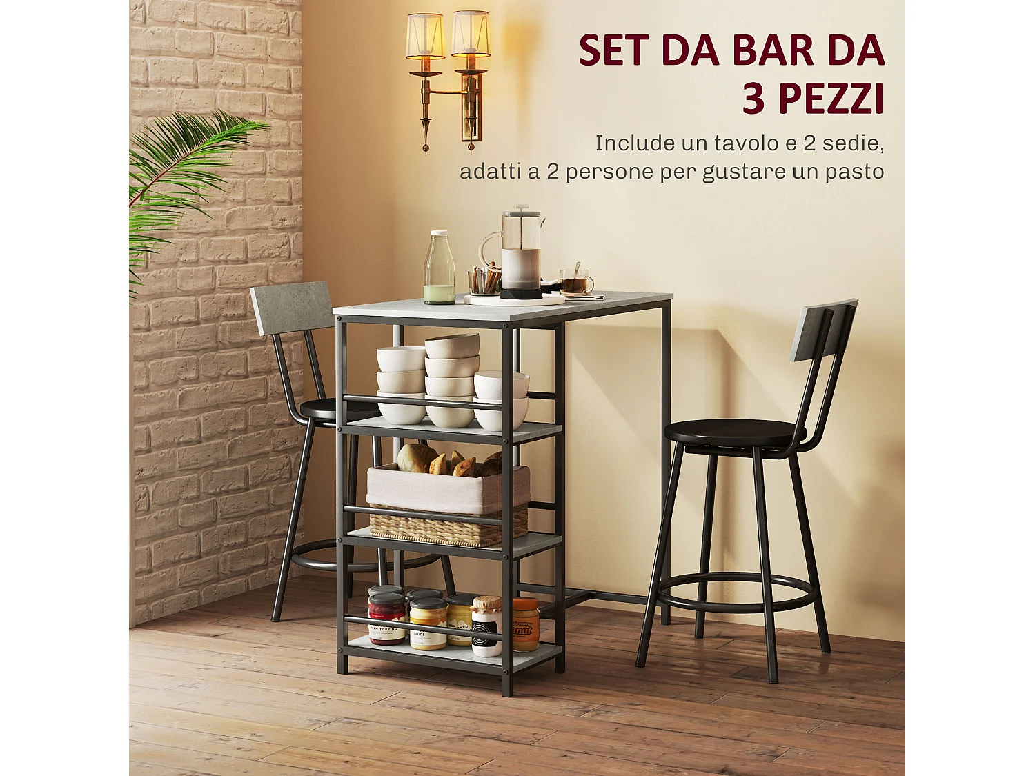 Set 3 pezzi con bancone bar con ripiani e 2 sedie alte grigio chiaro
