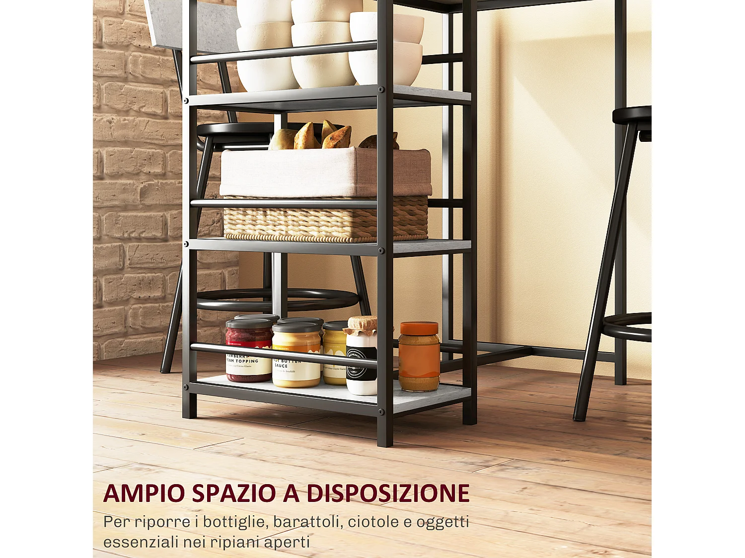 Set 3 pezzi con bancone bar con ripiani e 2 sedie alte grigio chiaro