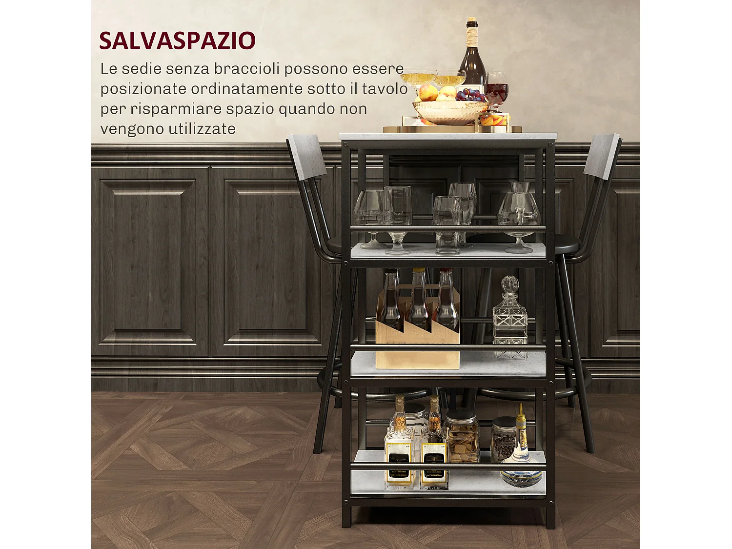 Set 3 pezzi con bancone bar con ripiani e 2 sedie alte grigio chiaro