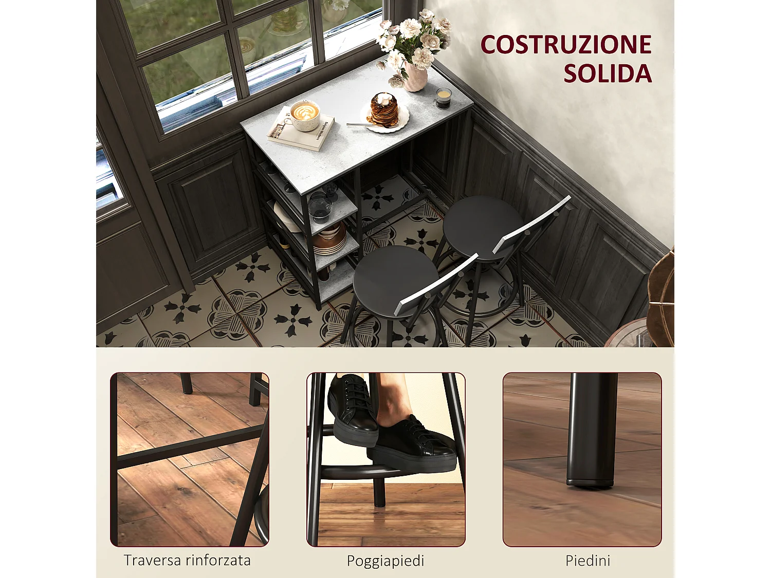 Set 3 pezzi con bancone bar con ripiani e 2 sedie alte grigio chiaro