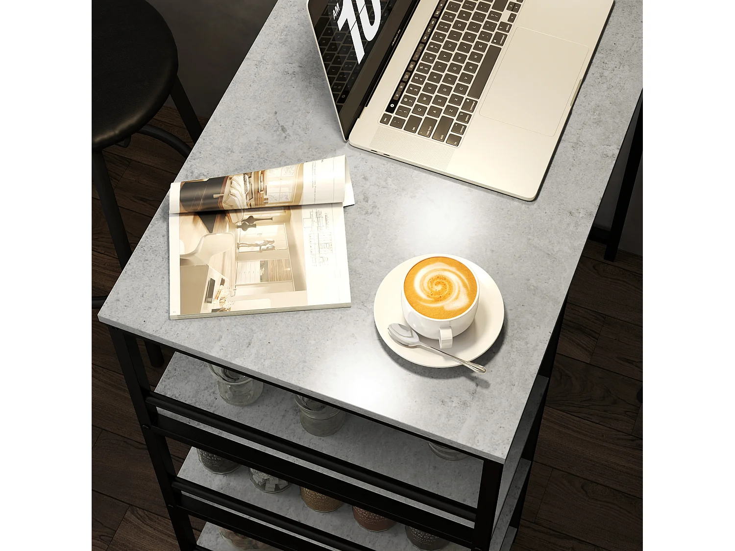 Set 3 pezzi con bancone bar con ripiani e 2 sedie alte grigio chiaro