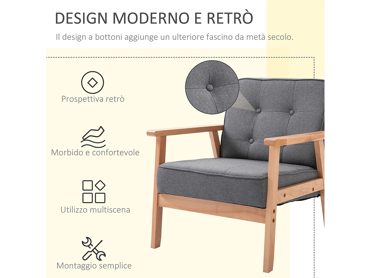 Poltrona stile nordico imbottita con braccioli legno e tessuto grigio