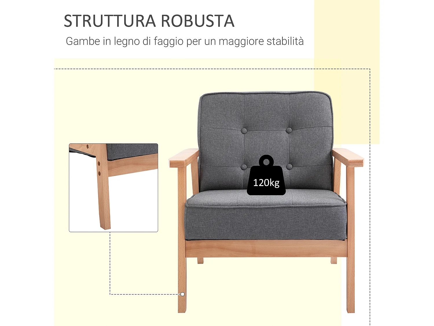 Poltrona stile nordico imbottita con braccioli legno e tessuto grigio