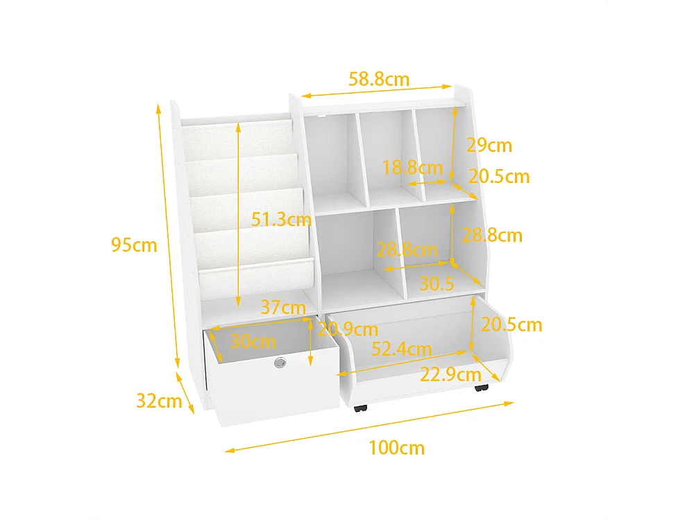 Meuble de Rangement avec 1 Tiroir, 1 Boîte Amovible et Étagères, Bibliothèque Blanche pour Chambre d’Enfant, 100 x 32 x 95 CM