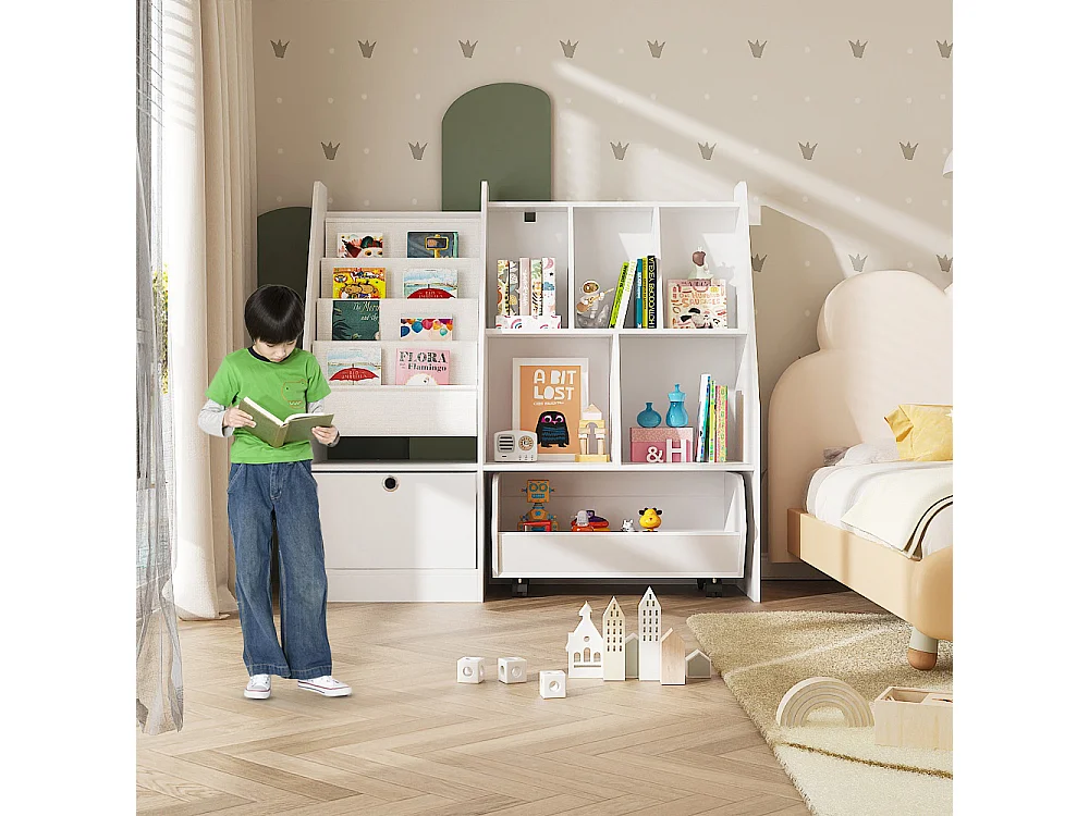 Meuble de Rangement avec 1 Tiroir, 1 Boîte Amovible et Étagères, Bibliothèque Blanche pour Chambre d’Enfant, 100 x 32 x 95 CM