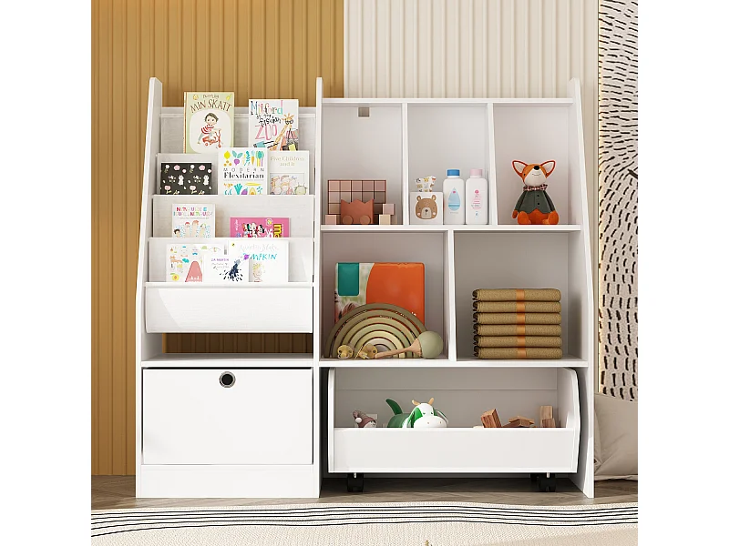 Meuble de Rangement avec 1 Tiroir, 1 Boîte Amovible et Étagères, Bibliothèque Blanche pour Chambre d’Enfant, 100 x 32 x 95 CM