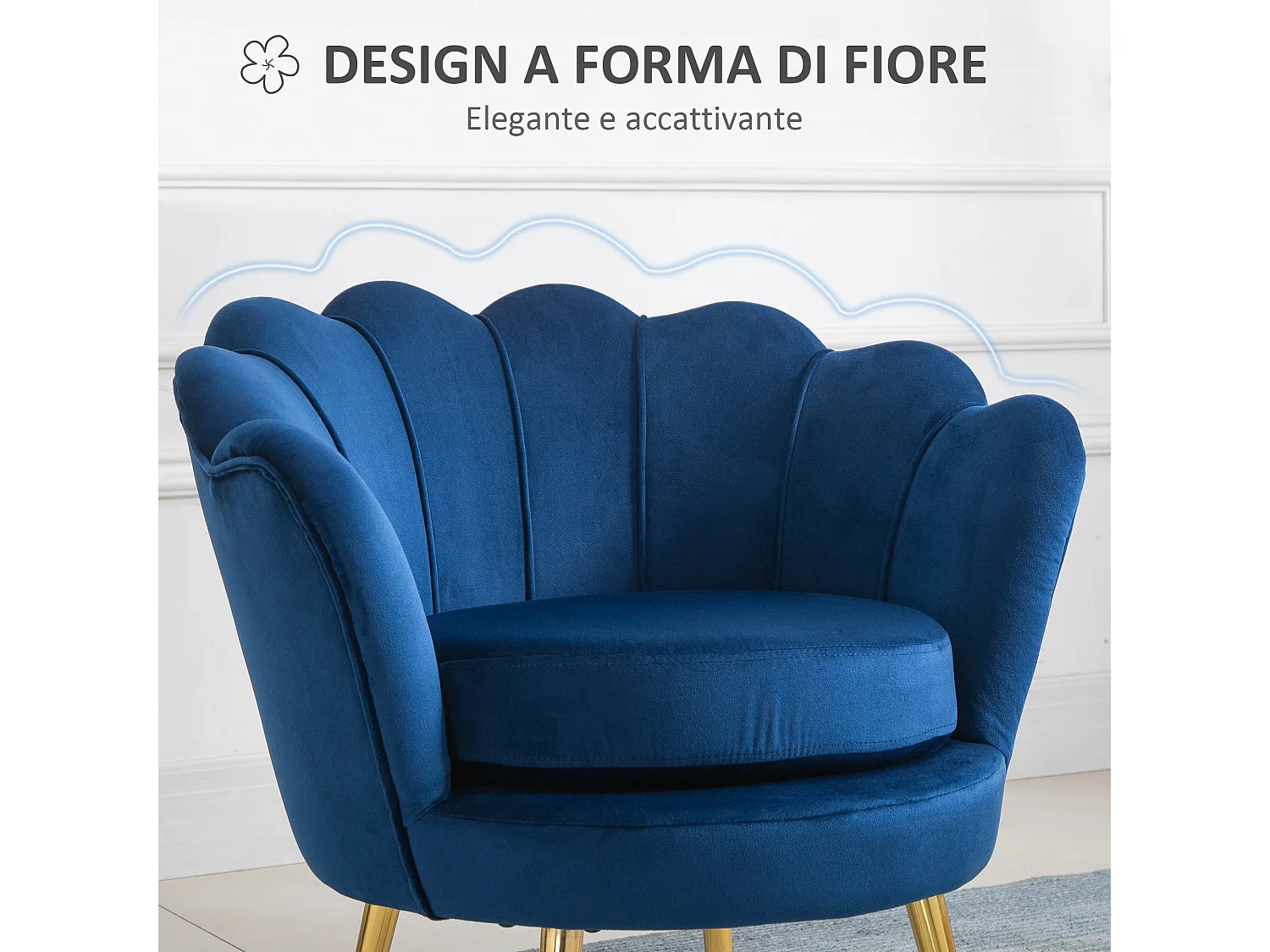 Poltroncina vintage di design da camera in velluto blu