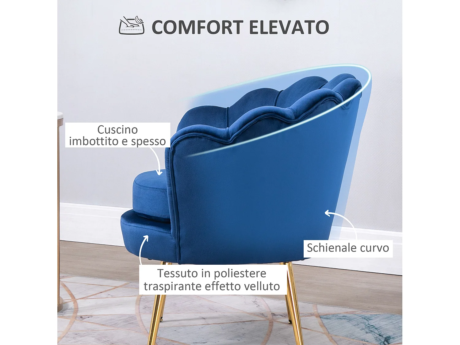 Poltroncina vintage di design da camera in velluto blu