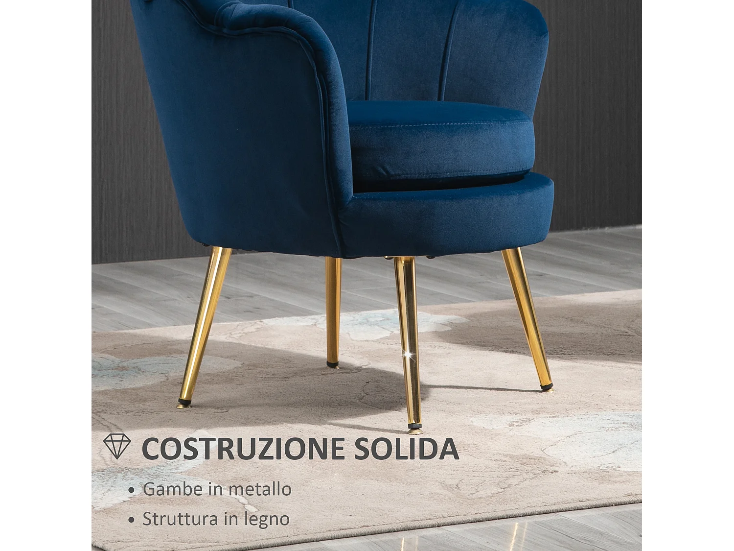 Poltroncina vintage di design da camera in velluto blu
