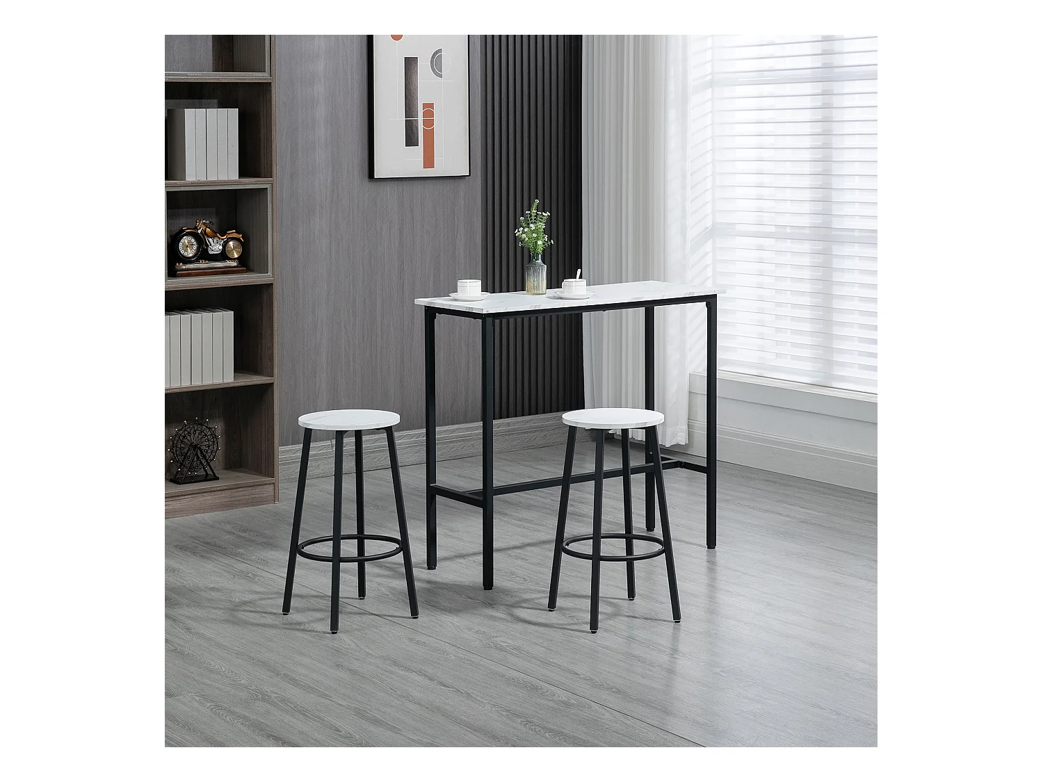 Set 3pz tavolo rettangolare e sgabelli da bar bianco e nero