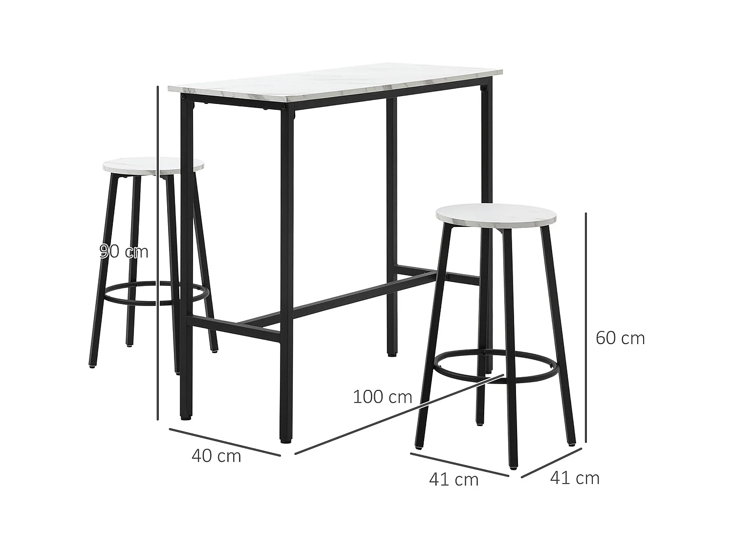 Set 3pz tavolo rettangolare e sgabelli da bar bianco e nero